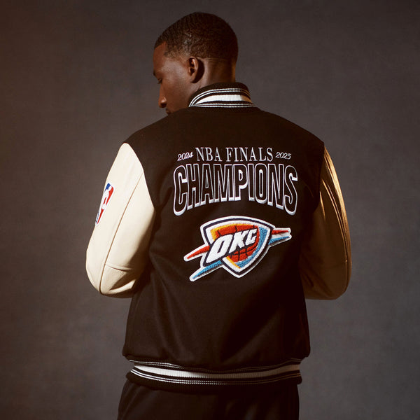 OKC Thunder 2025 NBA Champions Collector's Varsity Jacket in Black- Back View on Model