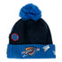 NEW ERA OKC THUNDER 2018 DRAFT KNIT HAT in black and blue - front view