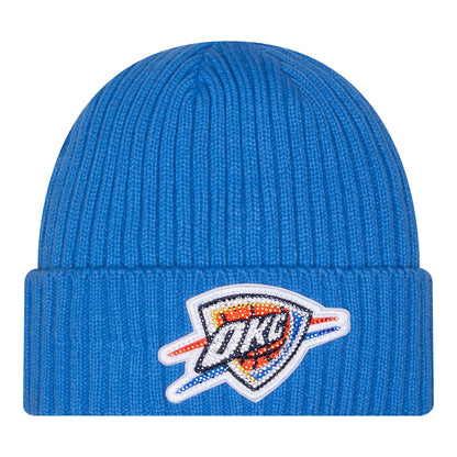 OKC Thunder New Era Rhinestone Patch Cuff Knit Hat in Blue - Front View