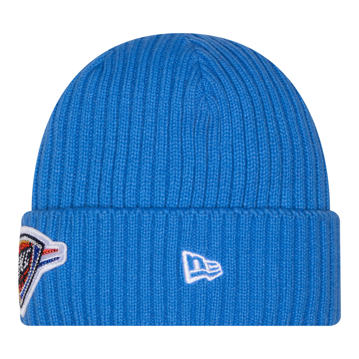 OKC Thunder New Era Rhinestone Patch Cuff Knit Hat in Blue - Side View