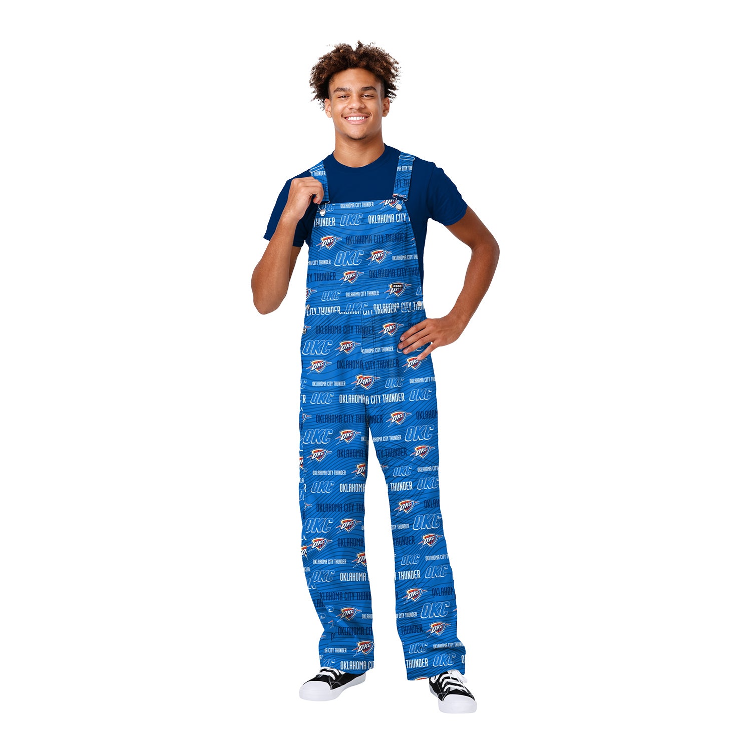 Model Wearing OKC THUNDER FOREVER COLLECTIBLES PRINTED OVERALLS in Blue - Front View
