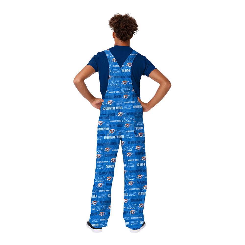 Model Wearing OKC THUNDER FOREVER COLLECTIBLES PRINTED OVERALLS in Blue - Back View
