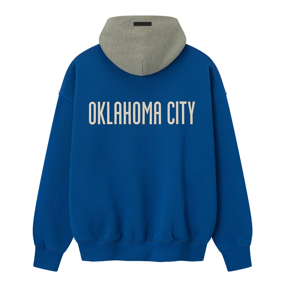 OKC THUNDER FEAR OF GOD ESSENTIALS SPORTS HOODIE in Blue - Back View