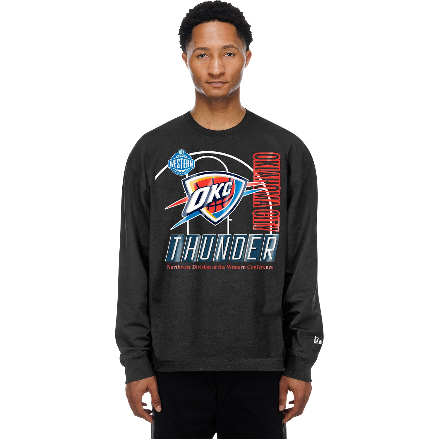 Model Wearing OKC Thunder New Era Action Crewneck in Black - Front View