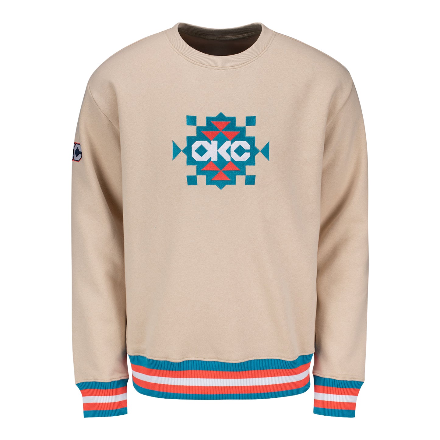 OKC Thunder Stripe Trim Native Crewneck Sweatshirt in Tan - Front View