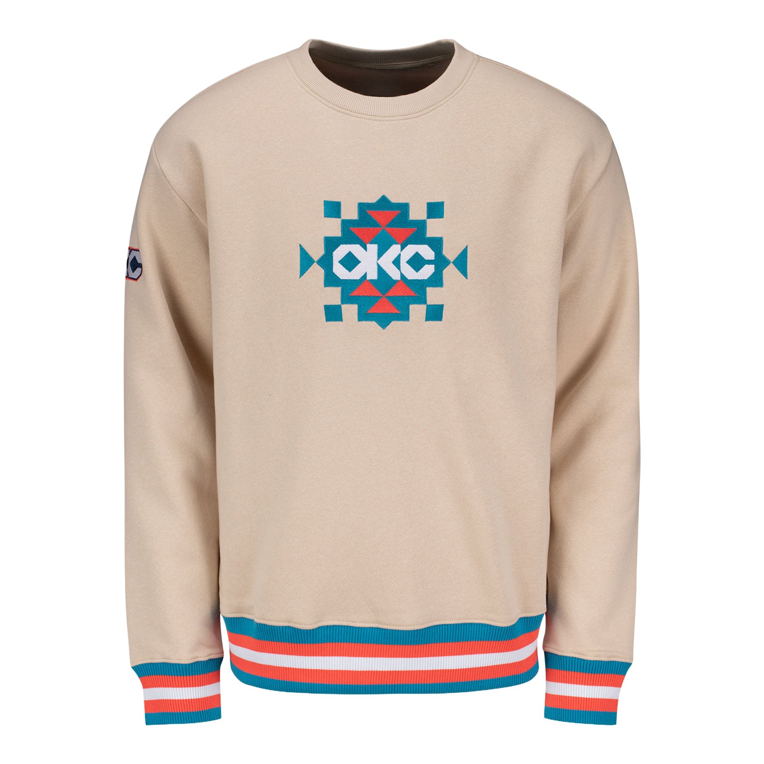 OKC Thunder Stripe Trim Native Crewneck Sweatshirt in Tan - Front View