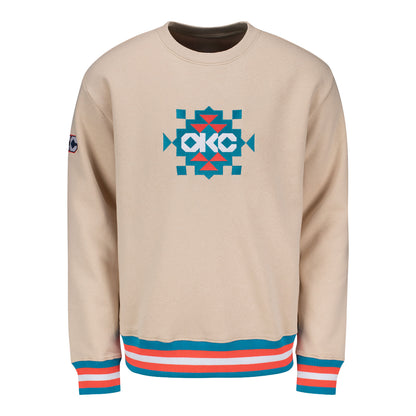 OKC Thunder Stripe Trim Native Crewneck Sweatshirt in Tan - Front View