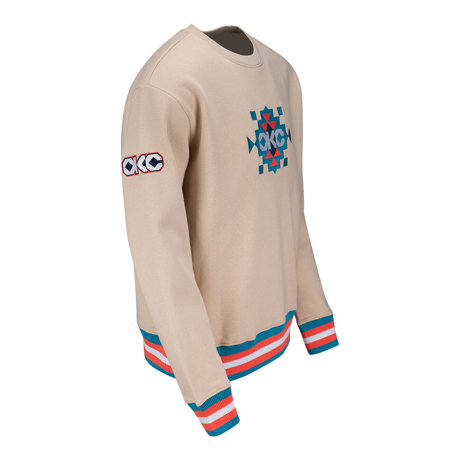 OKC Thunder Stripe Trim Native Crewneck Sweatshirt in Tan - Front Right View