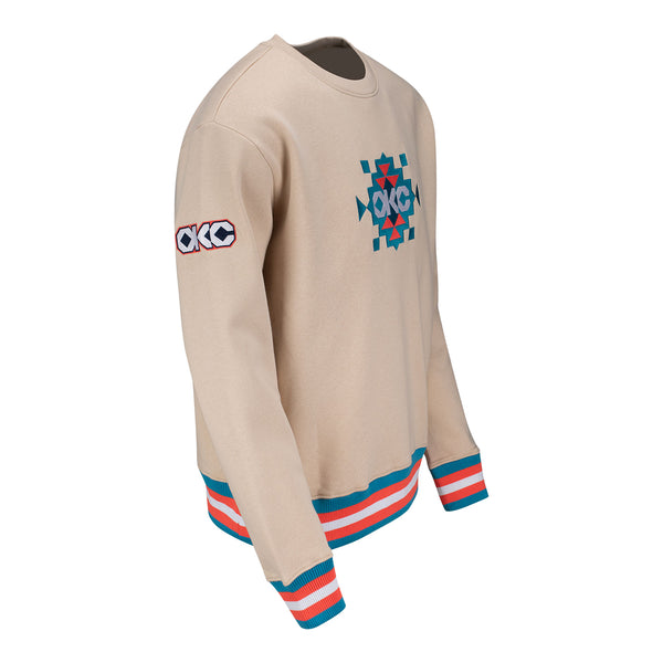 OKC Thunder Stripe Trim Native Crewneck Sweatshirt in Tan - Front Right View