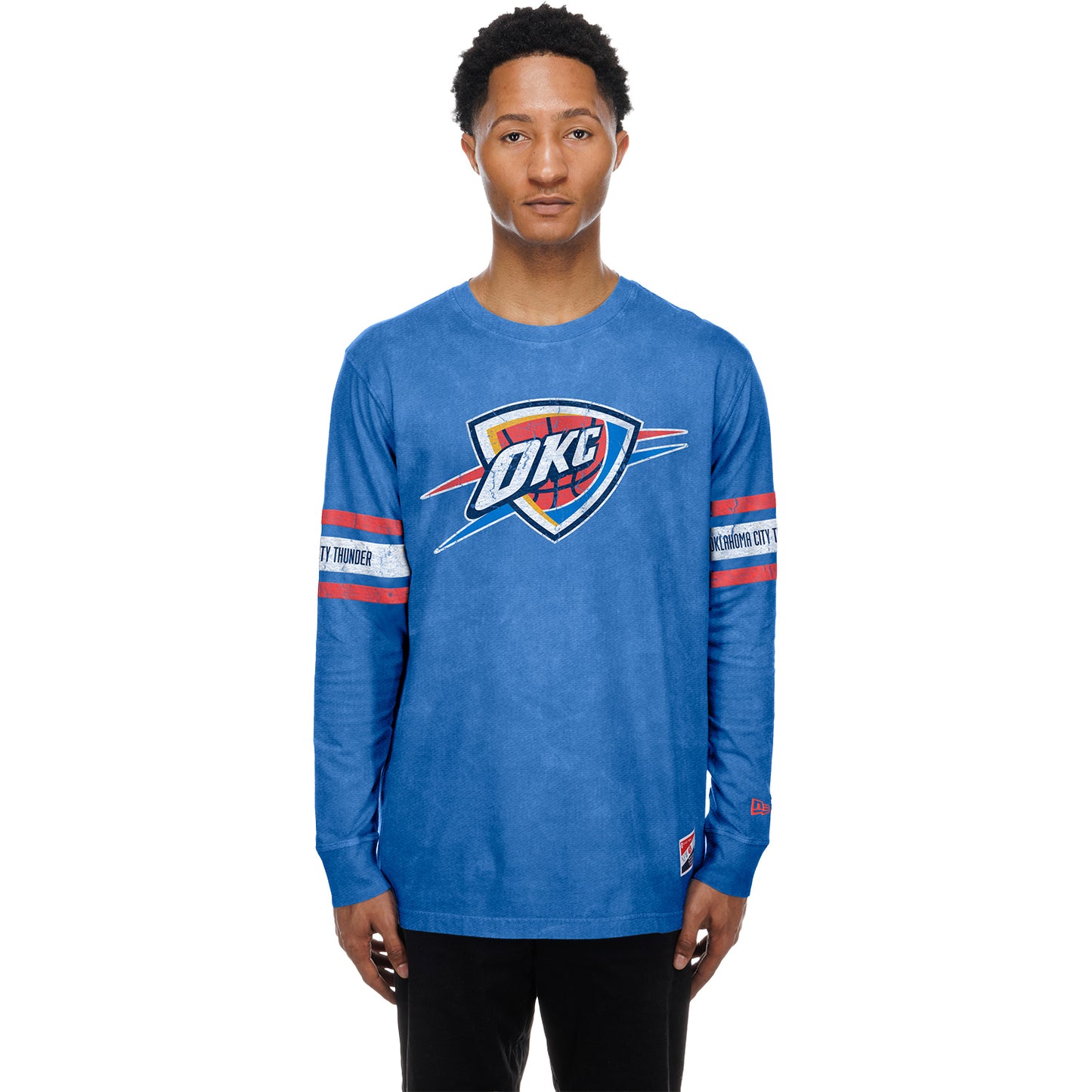 Model Wearing OKC Thunder New Era Washed Long Sleeve T-Shirt - Front View