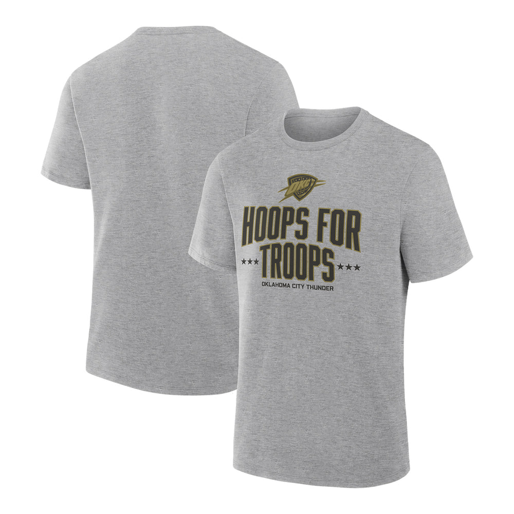 OKC Thunder Fanatics Hoops for Troops Grey Tee in Grey - Front and Back View