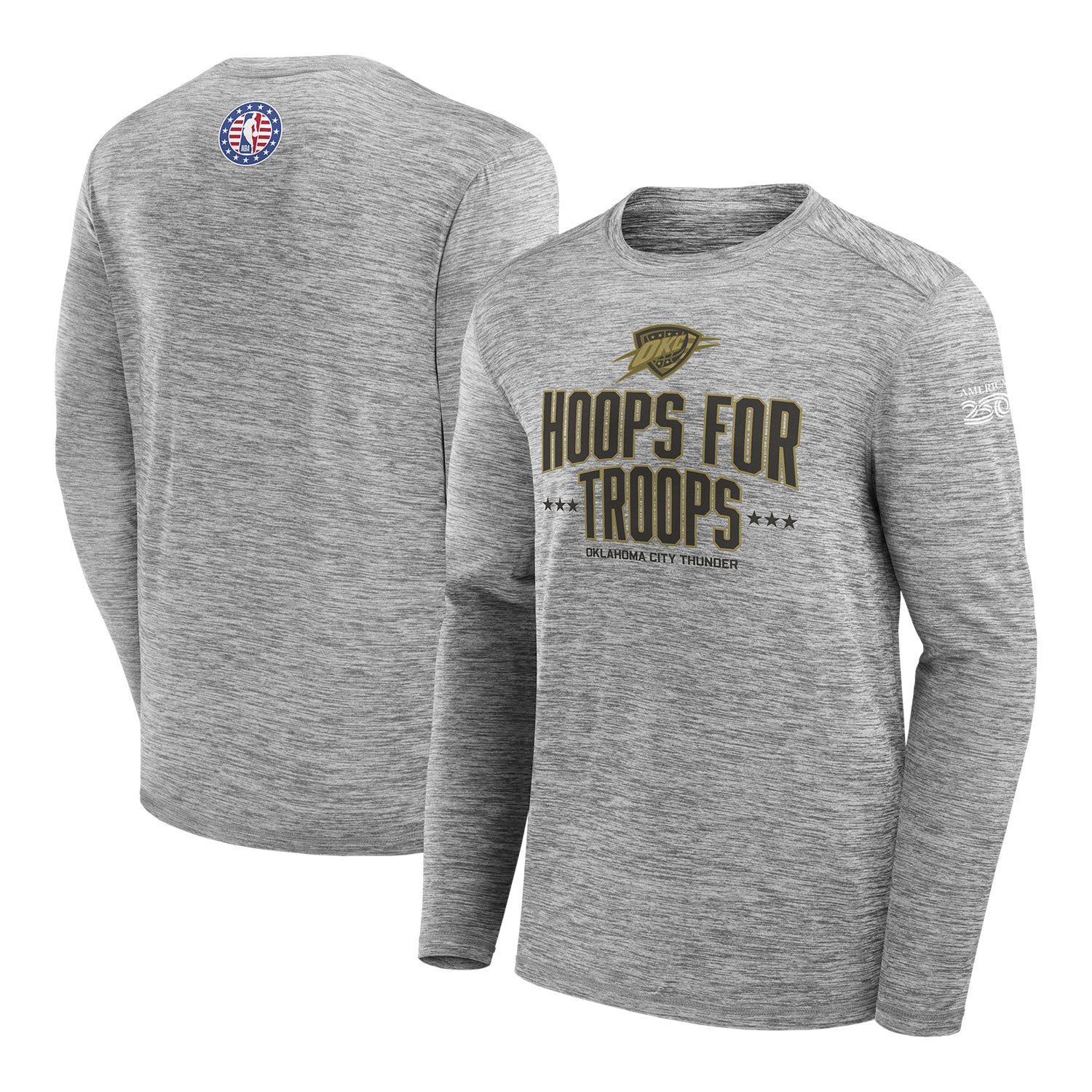 OKC Thunder Fanatics Hoops for Troops Grey Long Sleeve Tee - Front and Back View
