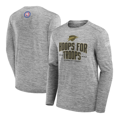 OKC Thunder Fanatics Hoops for Troops Grey Long Sleeve Tee - Front and Back View