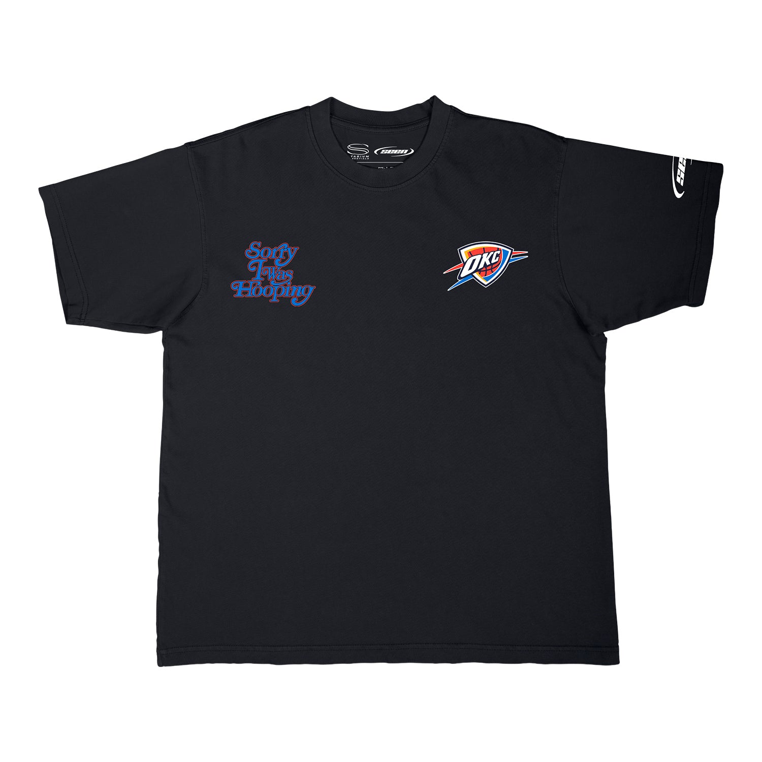 OKC THUNDER STADIUM ESSENTIALS 2025 SORRY I WAS HOOPING T-SHIRT in Black - Front View