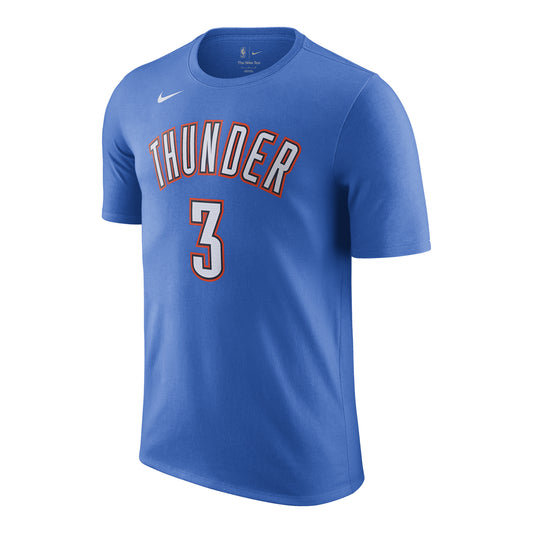 OKC Thunder Nike Icon Edition Jared McCain Name & Number T-Shirt in Blue - Front View