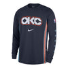 2025-26 CITY EDITION OKC THUNDER NIKE LONG SLEEVE PREGAME TOP in Blue - Front View