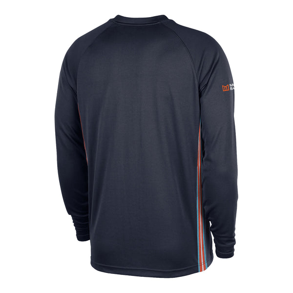 2025-26 CITY EDITION OKC THUNDER NIKE LONG SLEEVE PREGAME TOP in Navy - Back View