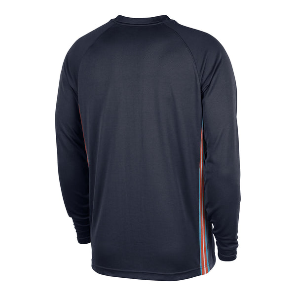2025-26 CITY EDITION OKC THUNDER NIKE LONG SLEEVE PREGAME TOP in Navy - Back View