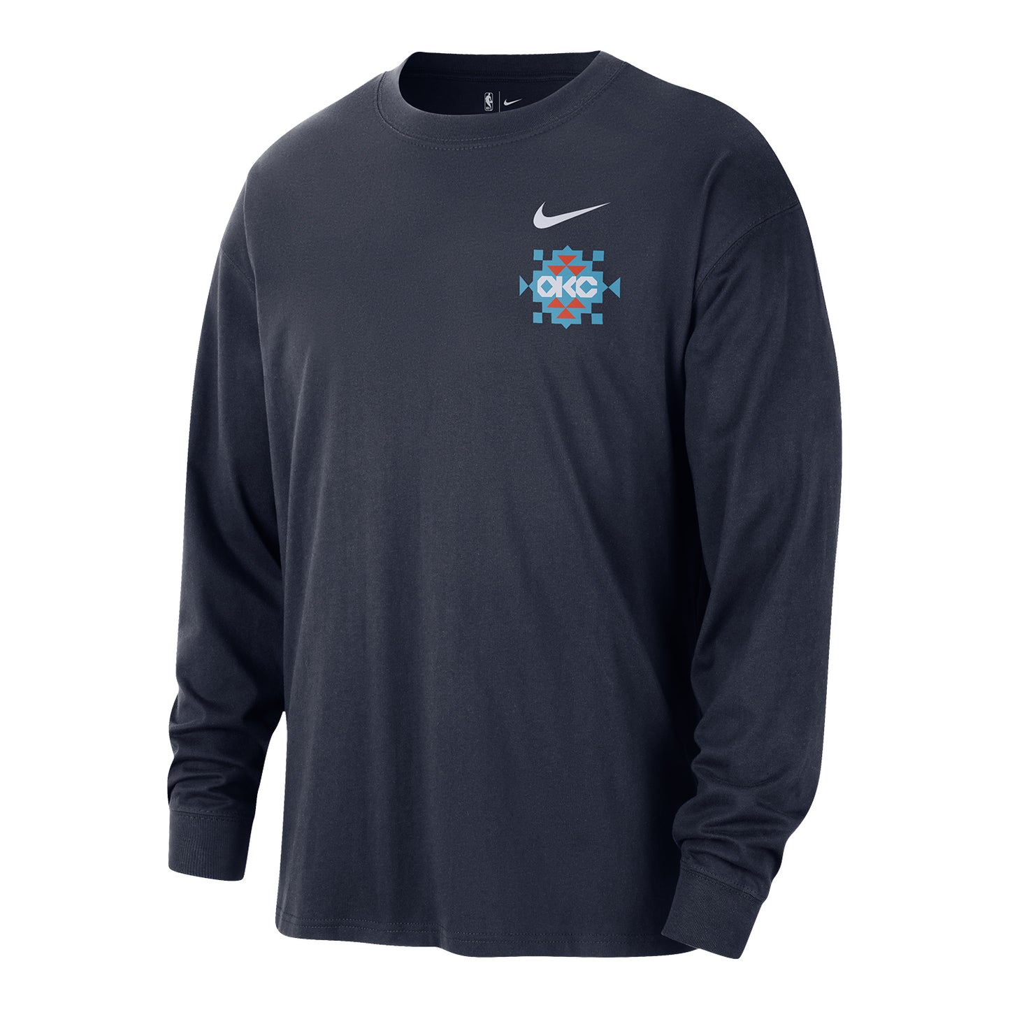2025-26 CITY EDITION OKC THUNDER NIKE LOGO LONG SLEEVE T-SHIRT in Blue - Front View