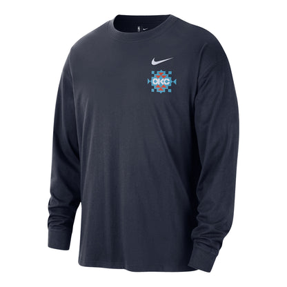 2025-26 CITY EDITION OKC THUNDER NIKE LOGO LONG SLEEVE T-SHIRT in Blue - Front View