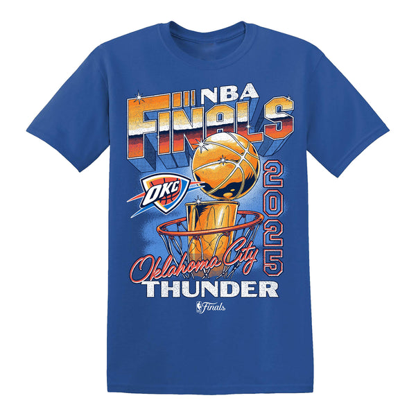 OKC THUNDER 2025 NBA FINALS VINTAGE HOOP & TROPHY T-SHIRT in Blue - Front View