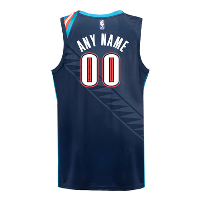 YOUTH 2025-26 OKLAHOMA CITY THUNDER CUSTOM CITY EDITION SWINGMAN JERSEY in Blue - Back View