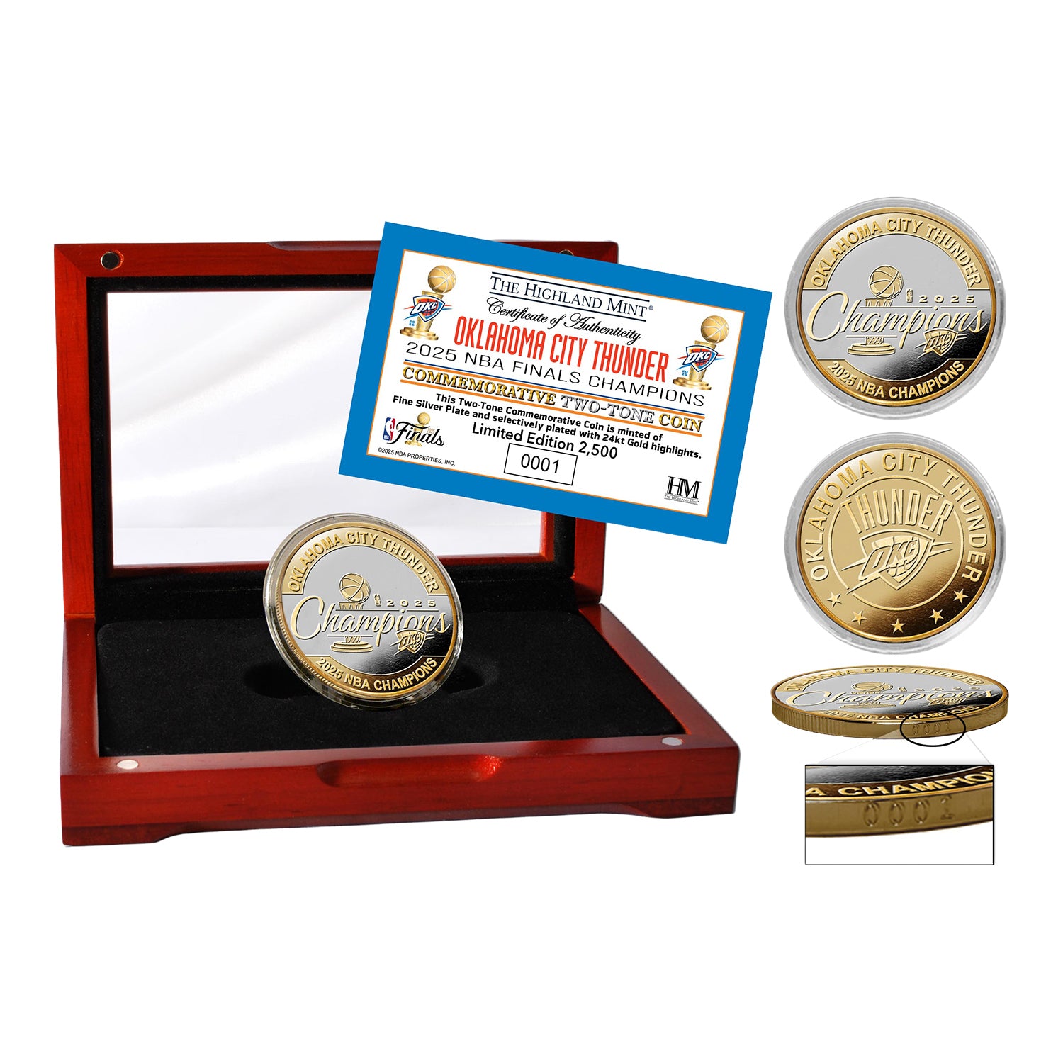 OKC THUNDER 2025 NBA CHAMPIONS TWO-TONE COIN - Coin and Packaging View