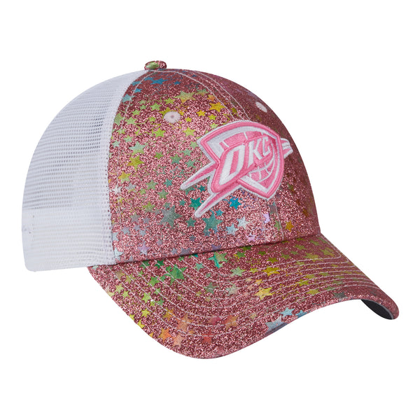 YOUTH OKC THUNDER NEW ERA 940 SPARKLE HEARTS HAT IN PINK - FRONT RIGHT VIEW