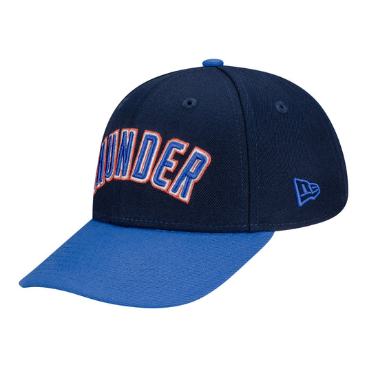 Youth OKC Thunder New Era Wordmark Two-Tone Adjustable Hat In Blue - Front Left View