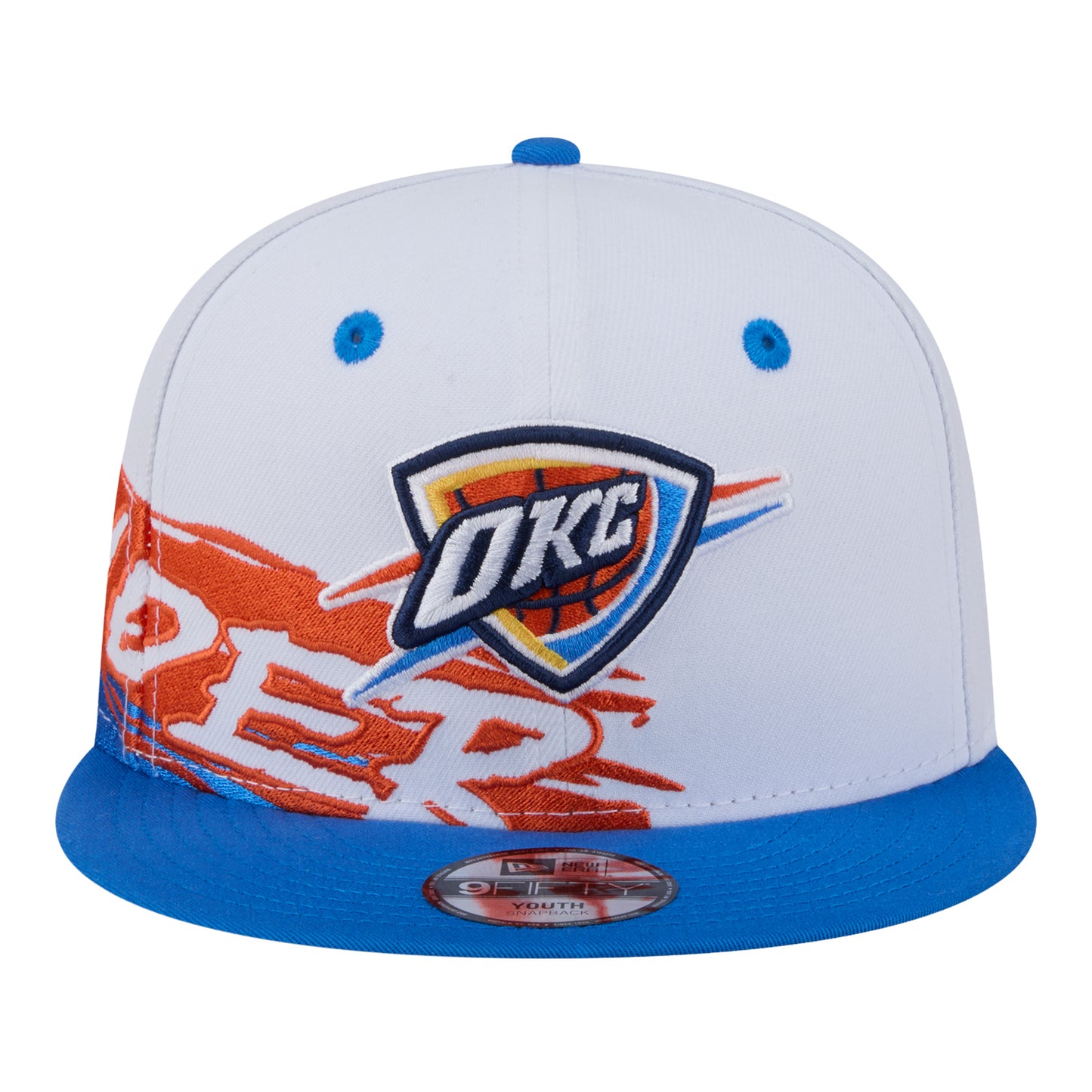 Youth OKC Thunder New Era 9Fifty Swept Snap Hat in White - Front View