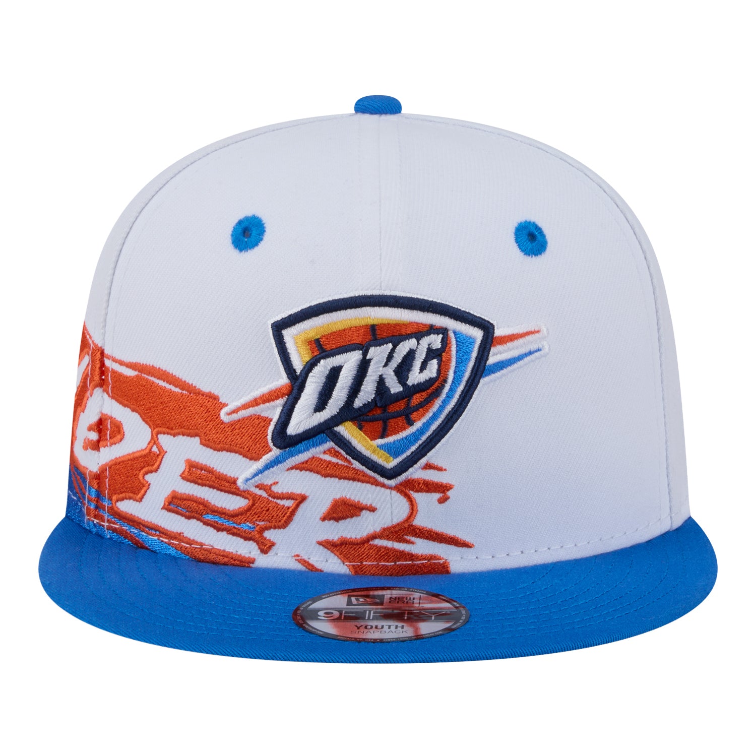 Youth OKC Thunder New Era 9Fifty Swept Snap Hat in White - Front View