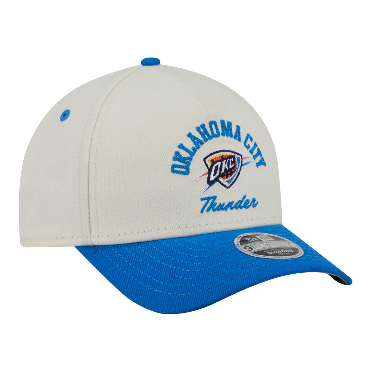 Youth OKC Thunder New Era 9Forty A-Frame Arched Snap Hat in White and Blue - Front right view