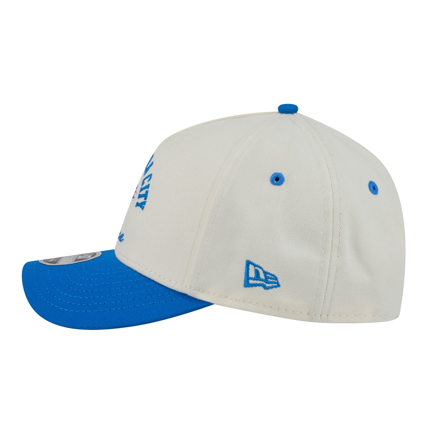 Youth OKC Thunder New Era 9Forty A-Frame Arched Snap Hat in White and Blue - left view