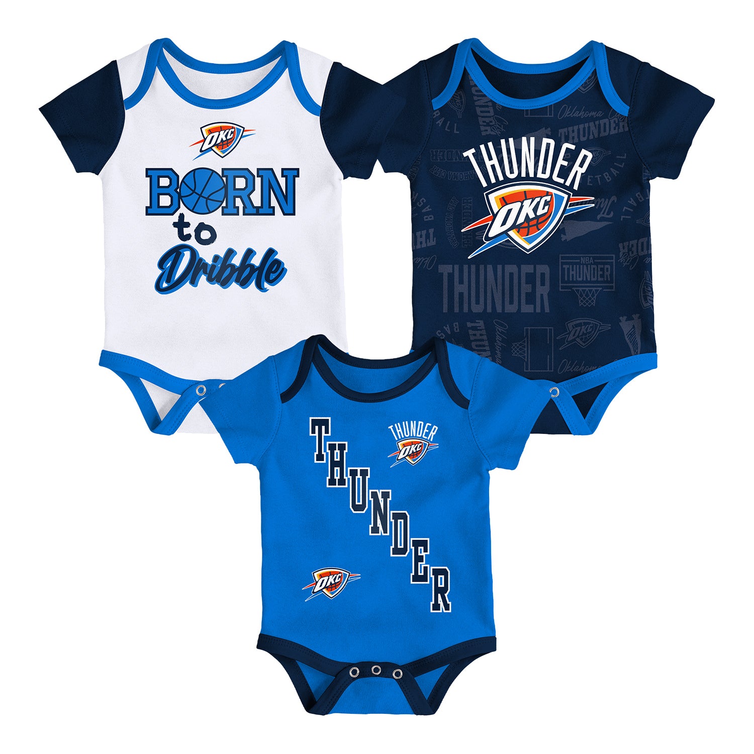 Infant Oklahoma City Thunder 3Pk Assortment of Blue, White and Navy Onesies - Front View