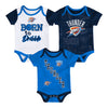 Infant Oklahoma City Thunder 3Pk Assortment of Blue, White and Navy Onesies - Front View