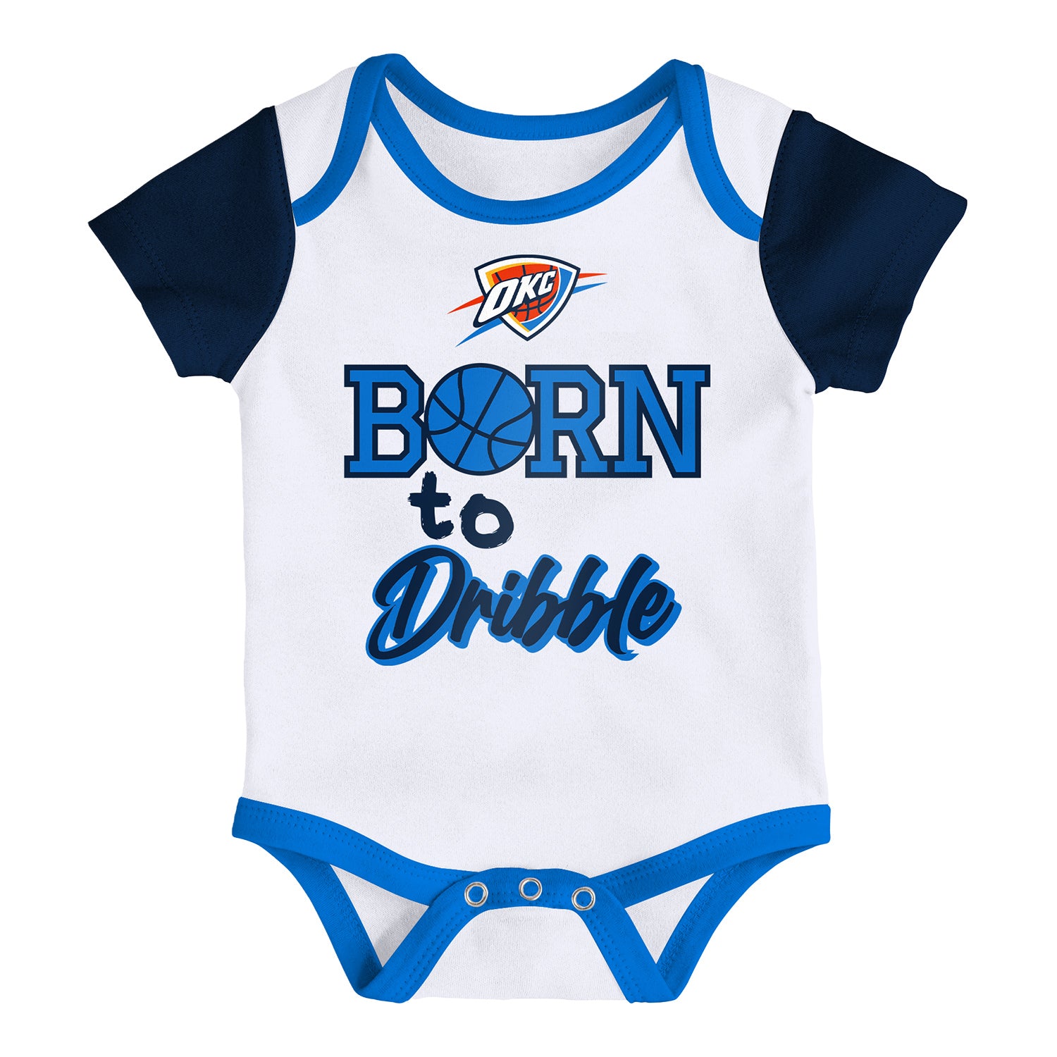 Infant Oklahoma City Thunder 3Pk Assortment of Blue, White and Navy Onesies - White Onesie Front View