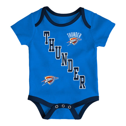 Infant Oklahoma City Thunder 3Pk Assortment of Blue, White and Navy Onesies - Blue Onesie Front View