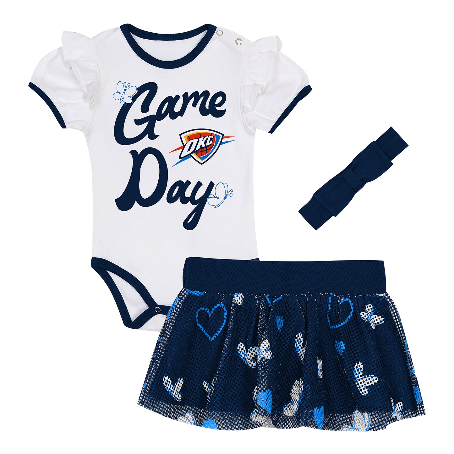 Infant OKC Thunder Outerstuff Hitter Up Onesie Outfit in White and Blue - Front View