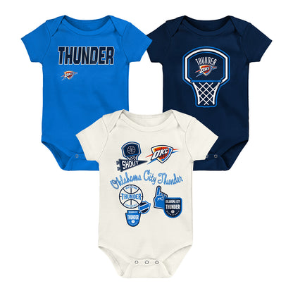 Infant OKC Thunder Outerstuff Littlest Player 3-Pack Onesie Set in Blue, Navy, and White - Front View