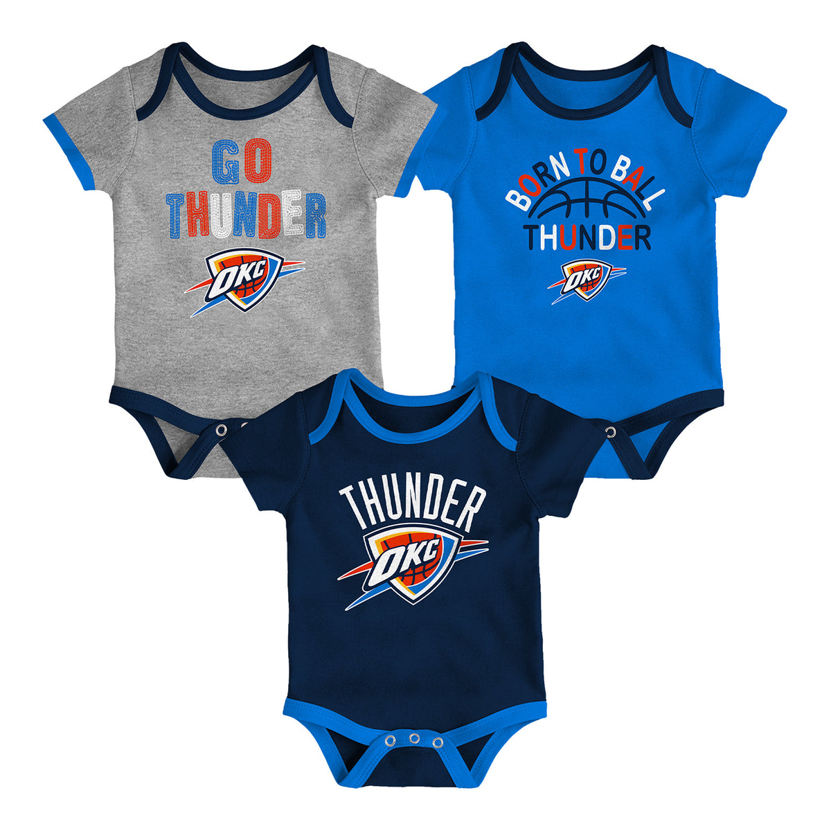 Infant OKC Thunder Outerstuff Born To Ball 3-Pack Onesie Set - Front View