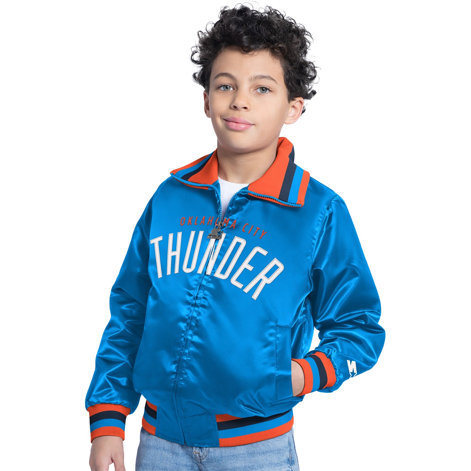 Youth OKC Thunder GIII Varsity Captain Blue Starter Jacket in Blue - Front View