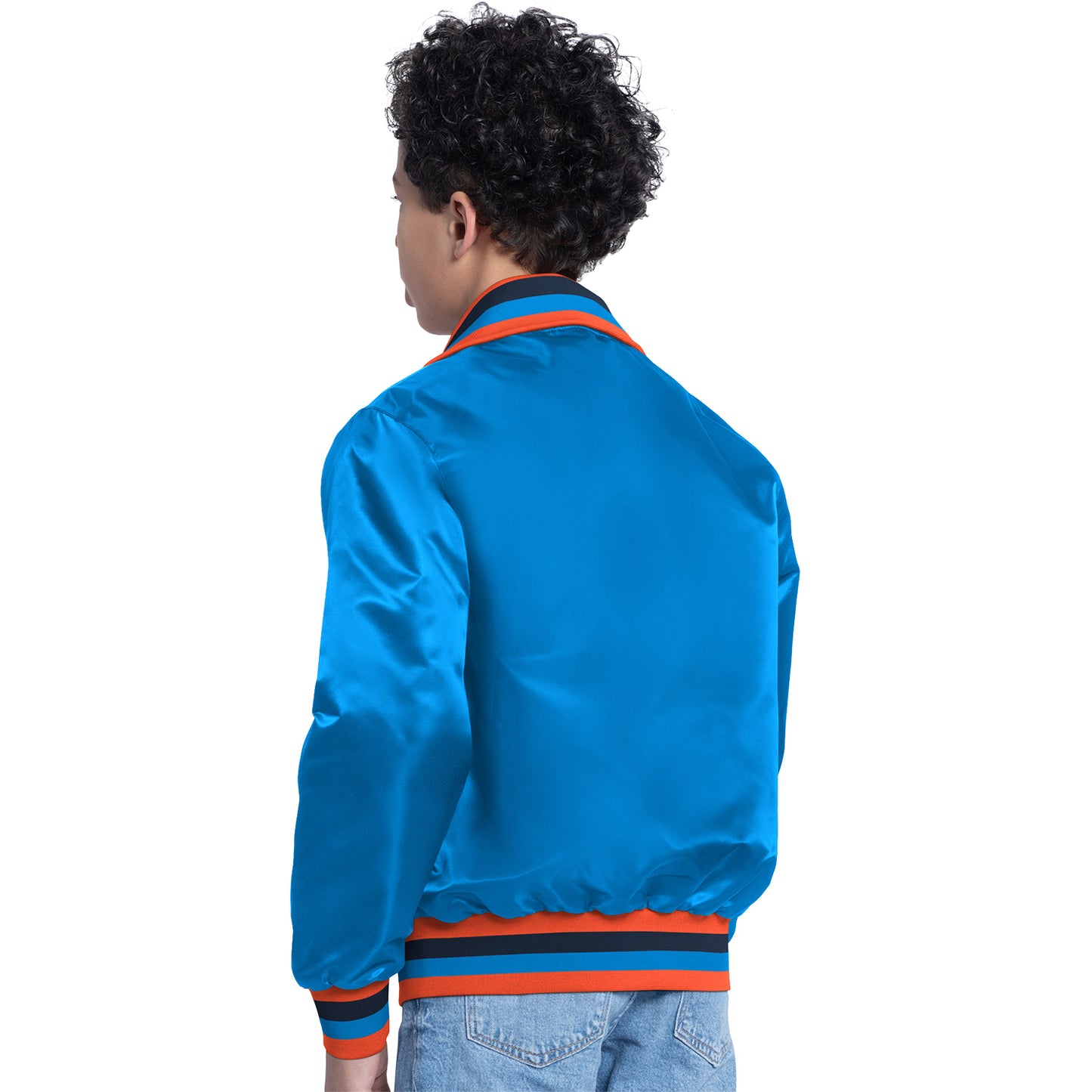Youth OKC Thunder GIII Varsity Captain Blue Starter Jacket in Blue - Back View