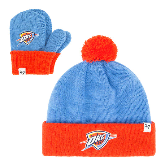 YOUTH OKC THUNDER 47 BRAND KNIT & MITTENS SET in Blue and Orange - Front View
