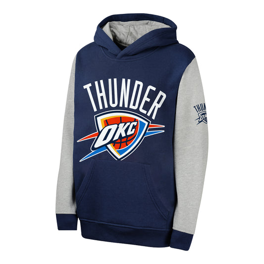 Youth Oklahoma City Thunder Outerstuff Fair Catch Fleece Hooded Sweatshirt in Blue and Grey - Front View