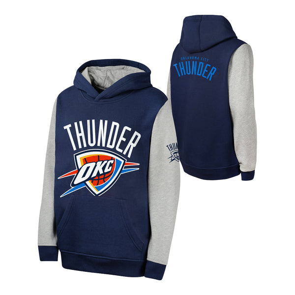 Youth Oklahoma City Thunder Outerstuff Fair Catch Fleece Hooded Sweatshirt in Blue and Grey - Front and Back View