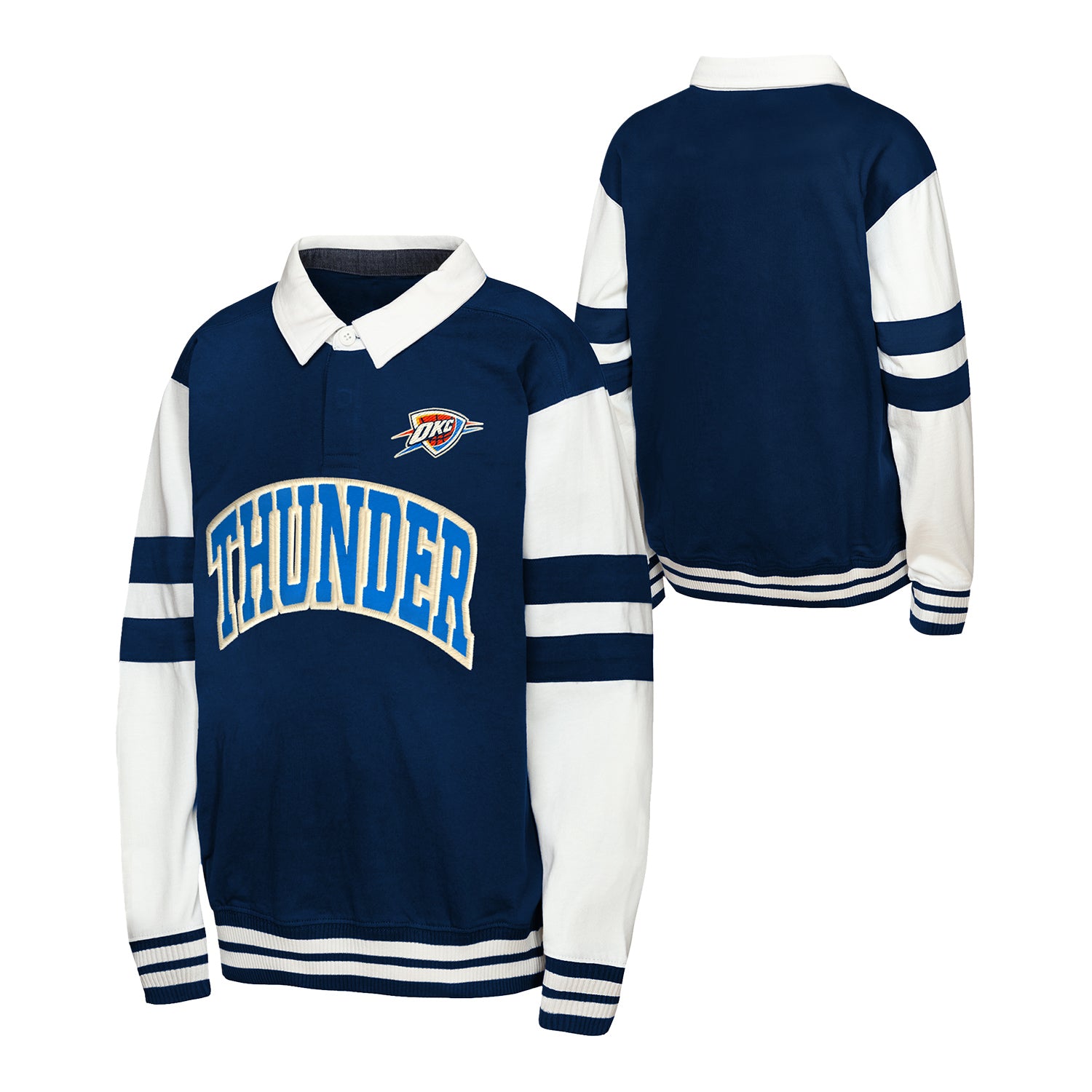 Youth OKC Thunder Outerstuff MVP Fielder Collared Sweatshirt in Navy - Front and Back View