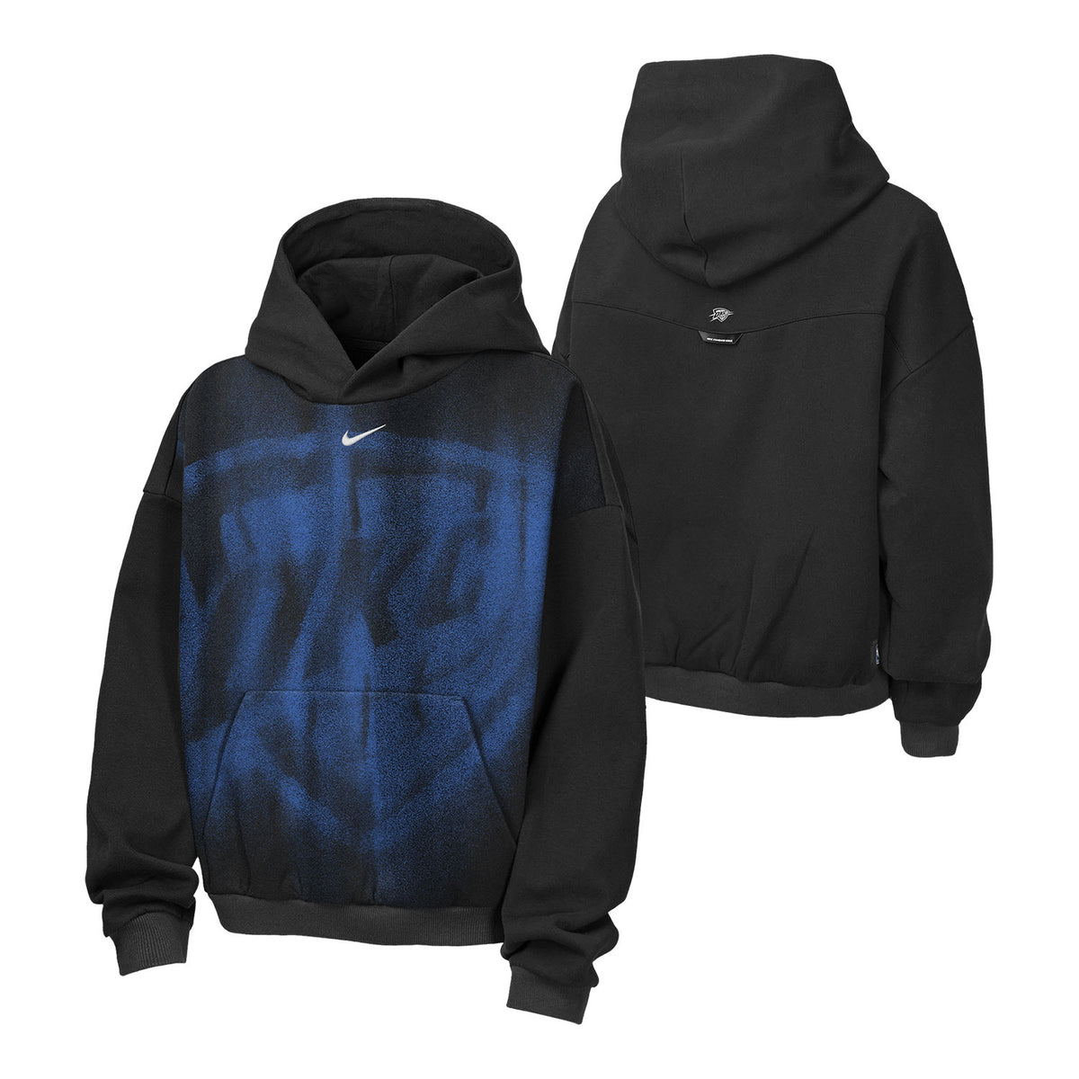 Youth OKC Thunder Nike 2026-27 Icon Practice Hoodie in black - Front and Back View