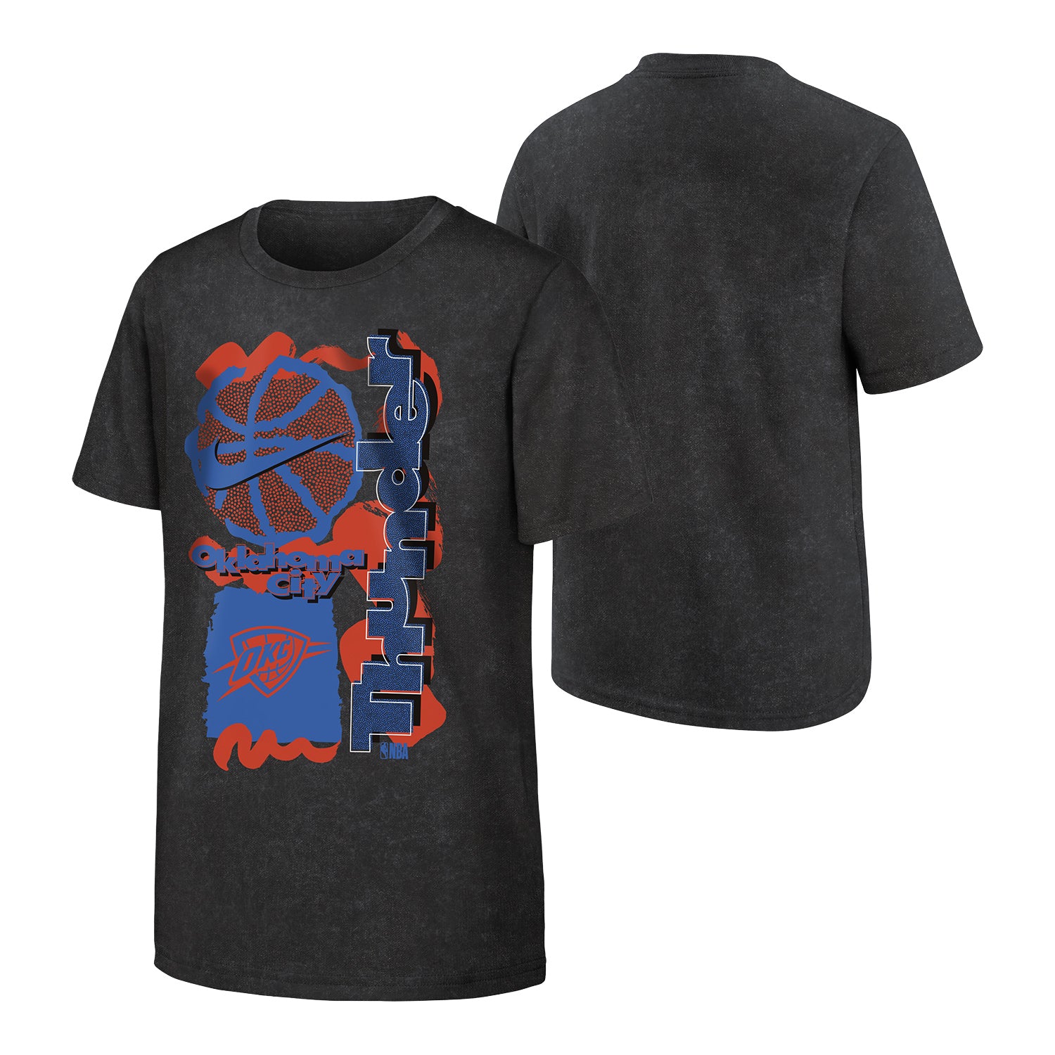 Youth Oklahoma City Thunder Nike Vintage Courtside T-shirt in Black - Front and Back View