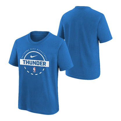 Youth OKC Thunder Nike 2025 Practice T-Shirt in Blue - Front and Back View