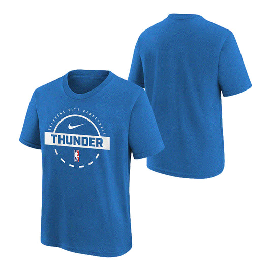 Youth OKC Thunder Nike 2025 Practice T-Shirt in Blue - Front and Back View